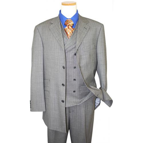 Steve Harvey Collection Black/White Tweed With Cognac Stripes Super 120's Merino Wool Vested Suit